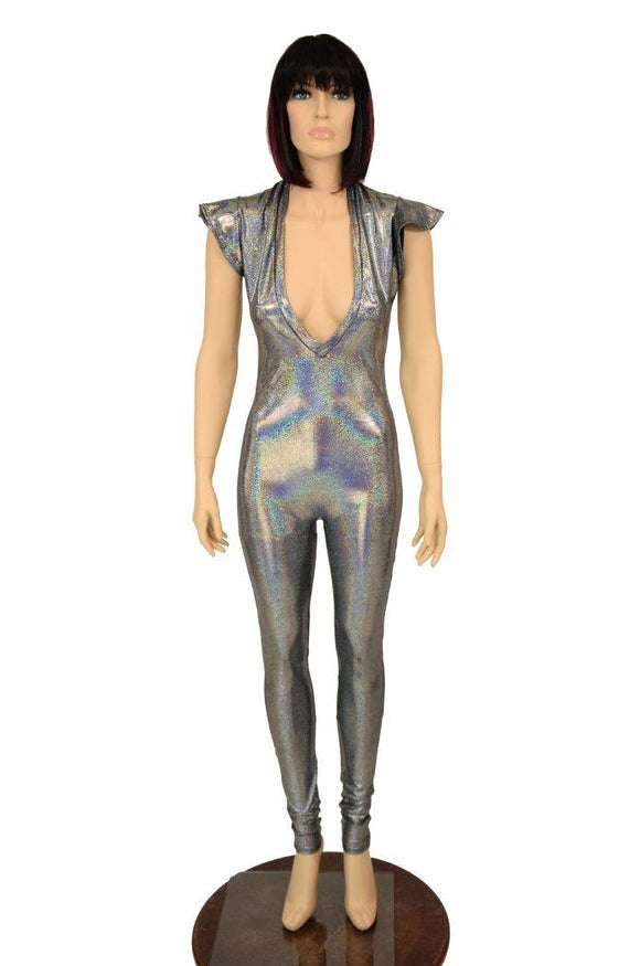 Silver Flip Sleeve Plunging V Catsuit - Coquetry Clothing