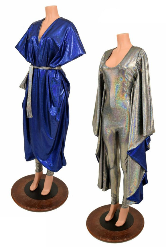 Silver Holo and Sparkly Blue Batwing Catsuit - Coquetry Clothing