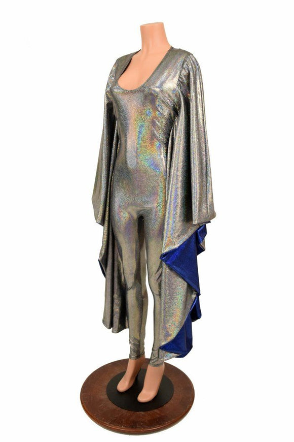 Silver Holo and Sparkly Blue Batwing Catsuit - Coquetry Clothing
