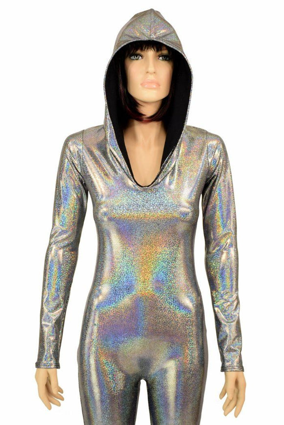 Silver Holo Hooded Catsuit - Coquetry Clothing