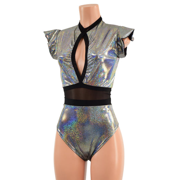 Silver Holographic Keyhole & Mesh Romper with BRAZILIAN cut leg - Coquetry Clothing