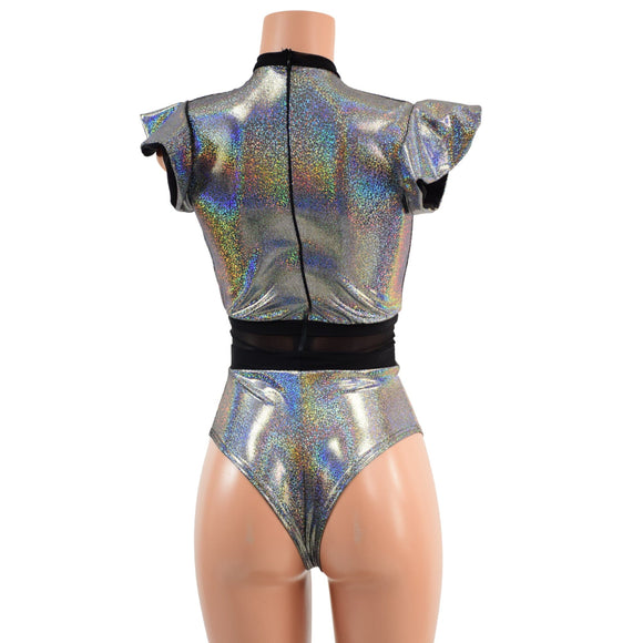 Silver Holographic Keyhole & Mesh Romper with BRAZILIAN cut leg - Coquetry Clothing