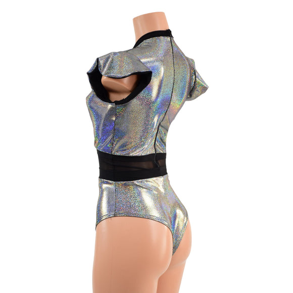 Silver Holographic Keyhole & Mesh Romper with BRAZILIAN cut leg - Coquetry Clothing
