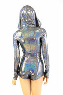 Silver Holographic Long Sleeve Hoodie Romper - Coquetry Clothing