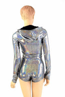Silver Holographic Long Sleeve Hoodie Romper - Coquetry Clothing