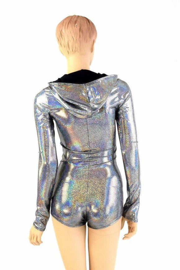 Silver Holographic Long Sleeve Hoodie Romper - Coquetry Clothing