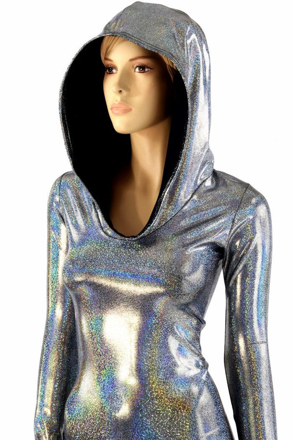 Silver Holographic Long Sleeve Hoodie Romper - 2