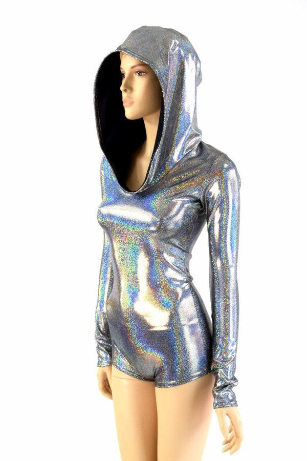Silver Holographic Long Sleeve Hoodie Romper - 3