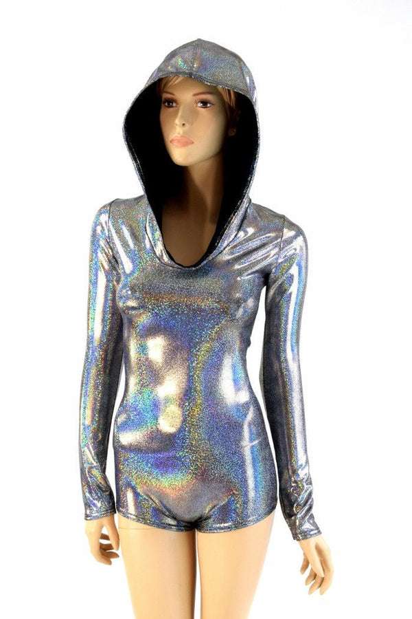 Silver Holographic Long Sleeve Hoodie Romper - 1