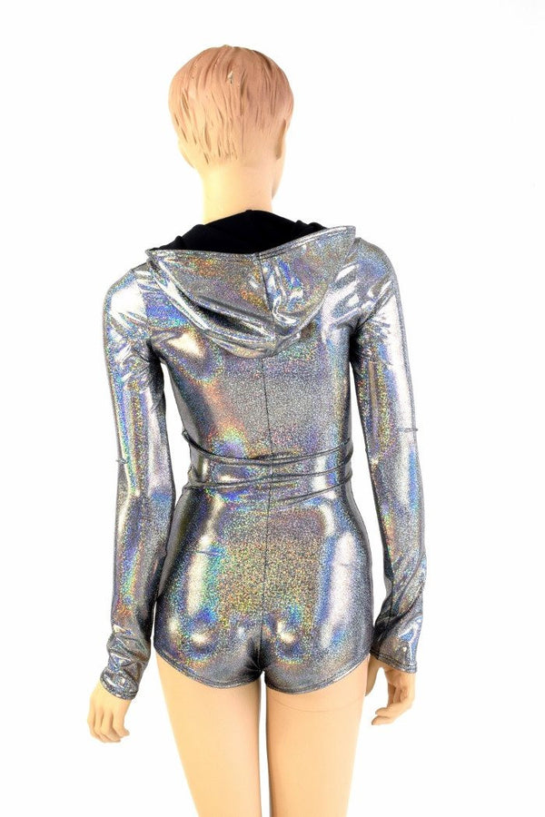 Silver Holographic Long Sleeve Hoodie Romper - 4