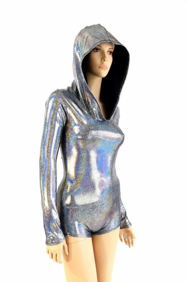 Silver Holographic Long Sleeve Hoodie Romper - 6