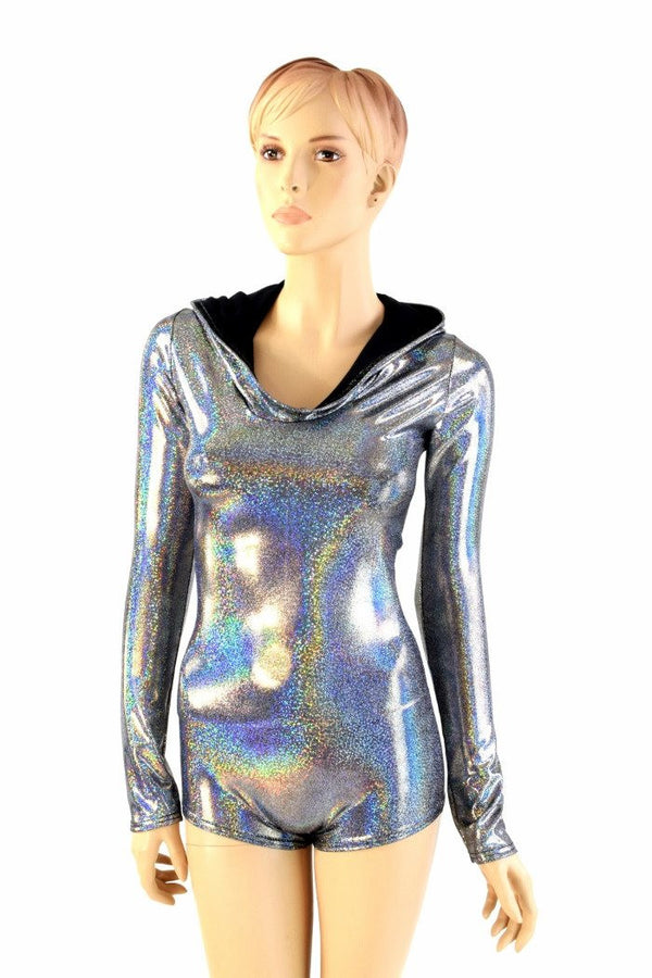 Silver Holographic Long Sleeve Hoodie Romper - 7