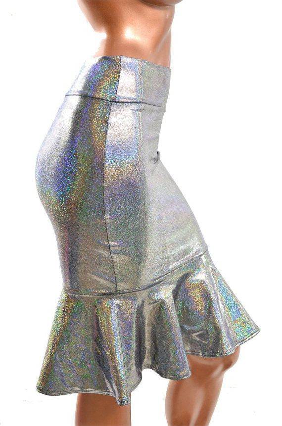 Silver Holographic Ruffled Wiggle Skirt - Coquetry Clothing