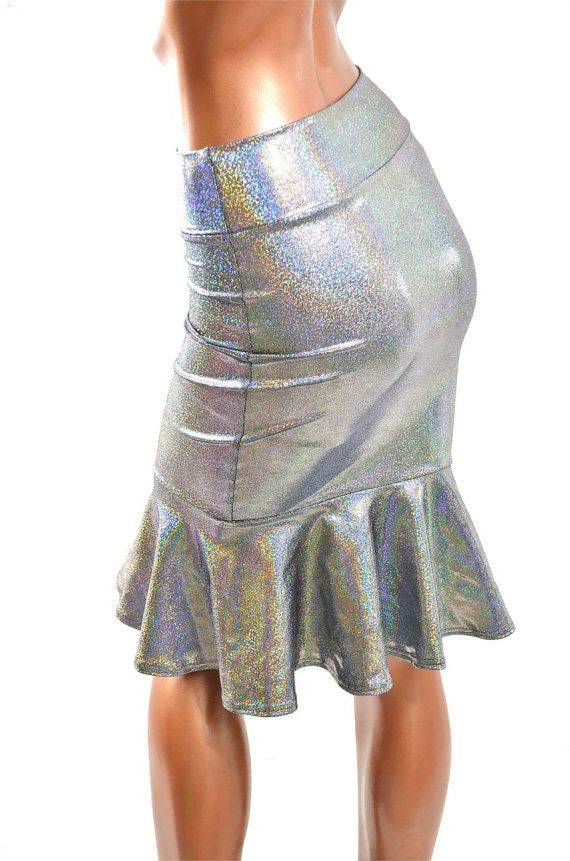 Silver Holographic Ruffled Wiggle Skirt - Coquetry Clothing