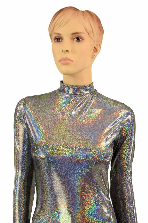 Silver Holographic Short Collar Catsuit - Coquetry Clothing