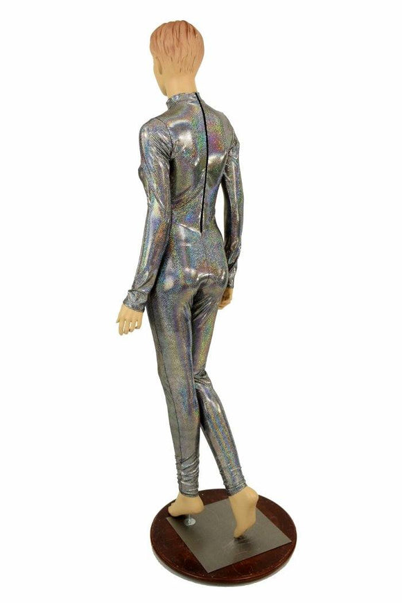 Silver Holographic Short Collar Catsuit - Coquetry Clothing