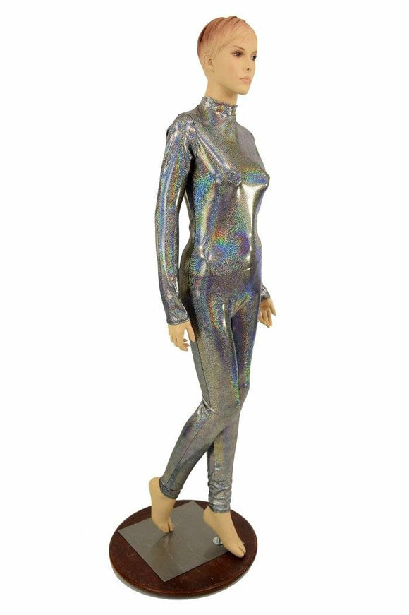 Silver Holographic Short Collar Catsuit - Coquetry Clothing