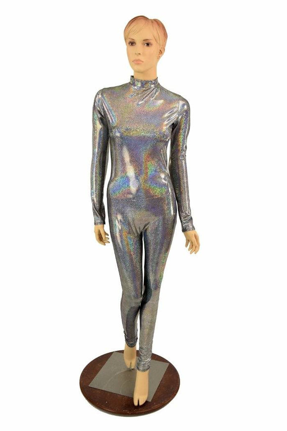 Silver Holographic Short Collar Catsuit - Coquetry Clothing