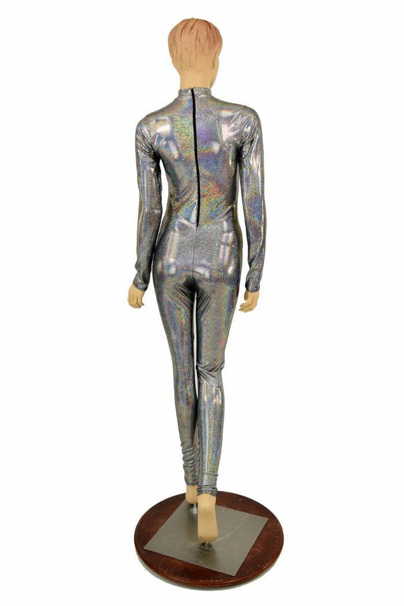 Silver Holographic Short Collar Catsuit - Coquetry Clothing