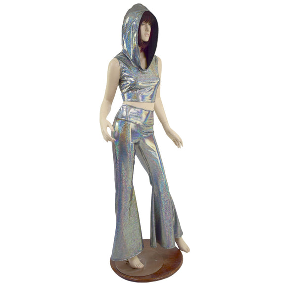 Silver Holographic Solar Flares and Sleeveless Crop Hoodie Set - Coquetry Clothing