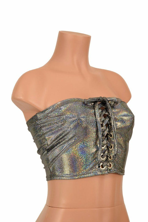 Silver Holographic Strapless Lace Up Top - Coquetry Clothing