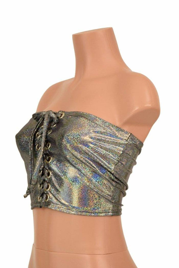 Silver Holographic Strapless Lace Up Top - Coquetry Clothing