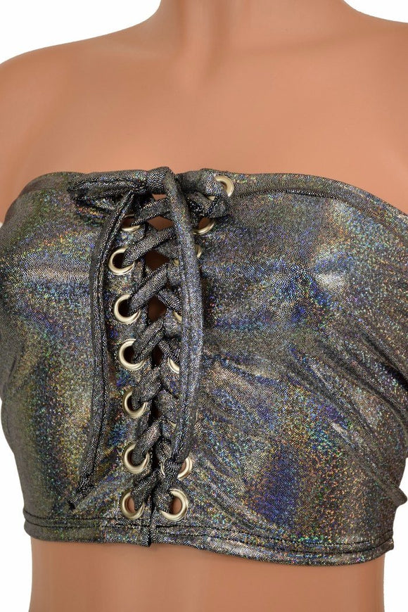 Silver Holographic Strapless Lace Up Top - Coquetry Clothing