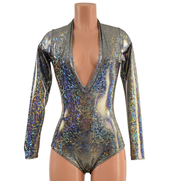 Silver Kaleidoscope Long Sleeve Siren Romper with Plunging V Neckline - Coquetry Clothing