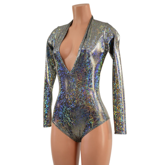Silver Kaleidoscope Long Sleeve Siren Romper with Plunging V Neckline - Coquetry Clothing