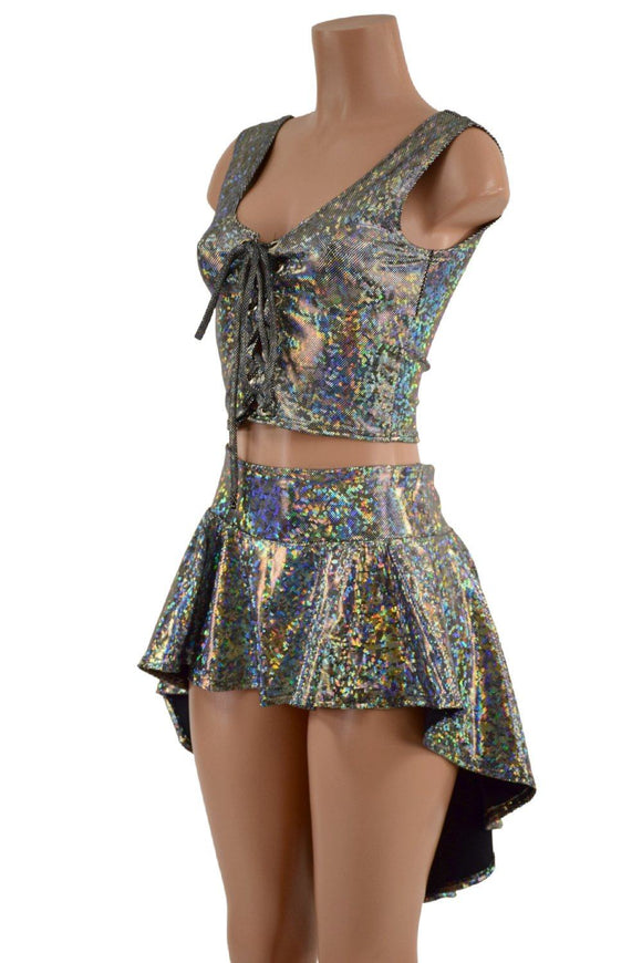 Silver Kalidoscope Lace Up Crop & Hi Lo Rave Skirt Set - Coquetry Clothing