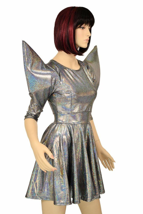 Silver Mega Sharp Shoulder Skater Dress - Coquetry Clothing