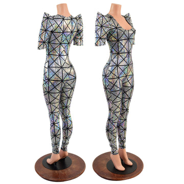 Silver on Black Cracked Tiles Sharp Shoulder Catsuit - Coquetry Clothing