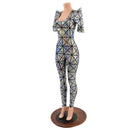 Silver on Black Cracked Tiles Sharp Shoulder Catsuit - Coquetry Clothing