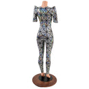 Silver on Black Cracked Tiles Sharp Shoulder Catsuit - Coquetry Clothing