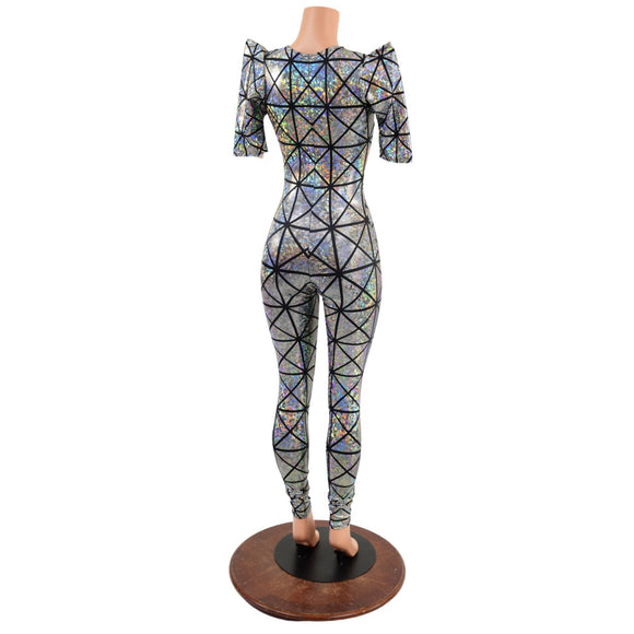 Silver on Black Cracked Tiles Sharp Shoulder Catsuit - Coquetry Clothing