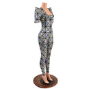 Silver on Black Cracked Tiles Sharp Shoulder Catsuit - Coquetry Clothing