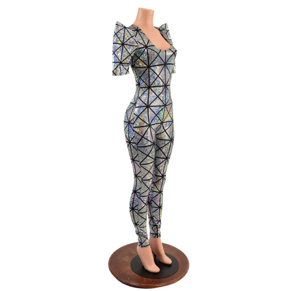 Silver on Black Cracked Tiles Sharp Shoulder Catsuit - Coquetry Clothing