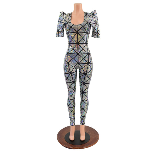 Silver on Black Cracked Tiles Sharp Shoulder Catsuit - Coquetry Clothing