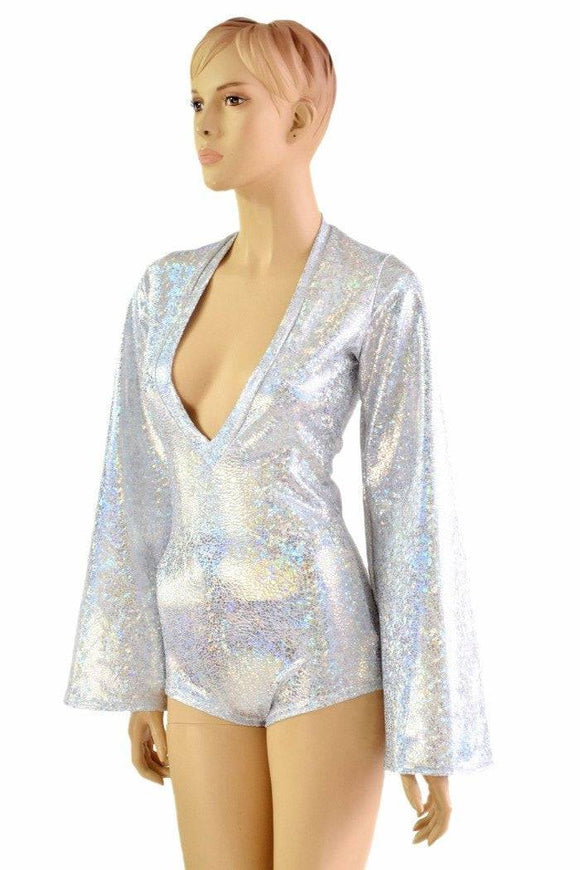 Silver on White Plunging V Bell Sleeve Romper - Coquetry Clothing