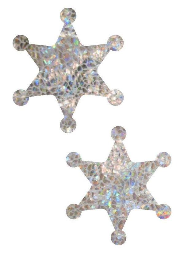 Silver on White Shattered Glass Sheriff Star Pasties - 1