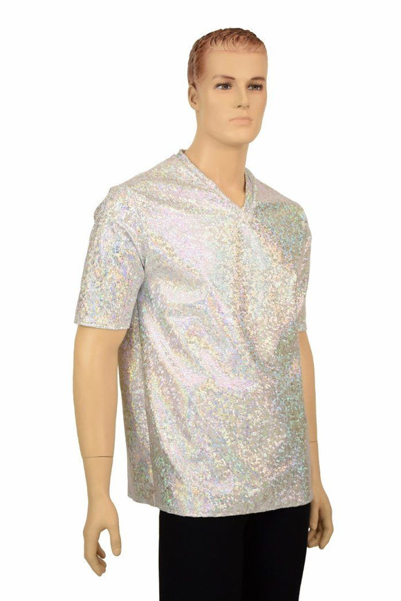 Silvery White Holographic V Neck Shirt - Coquetry Clothing