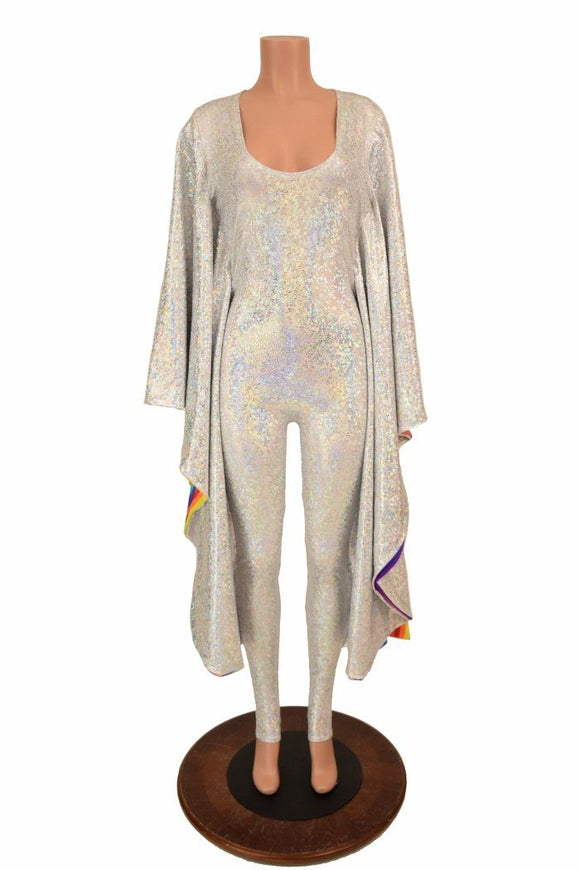 Silvery White & Rainbow Batwing Catsuit - Coquetry Clothing
