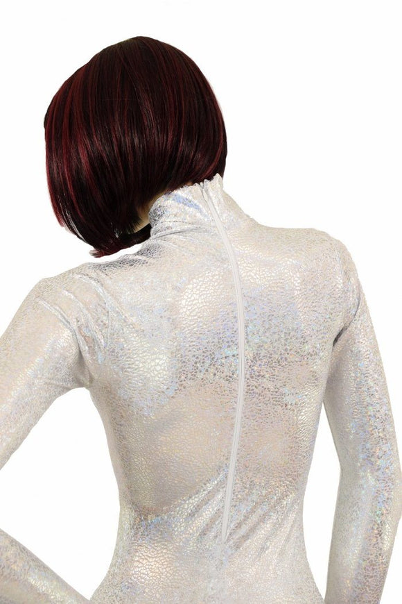 Silvery White Turtle Neck Catsuit - Coquetry Clothing