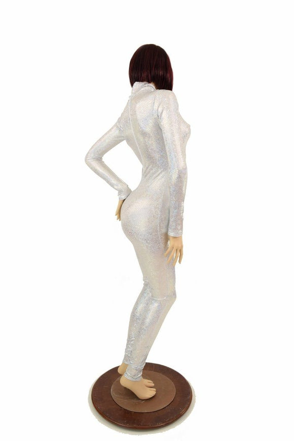 Silvery White Turtle Neck Catsuit - Coquetry Clothing