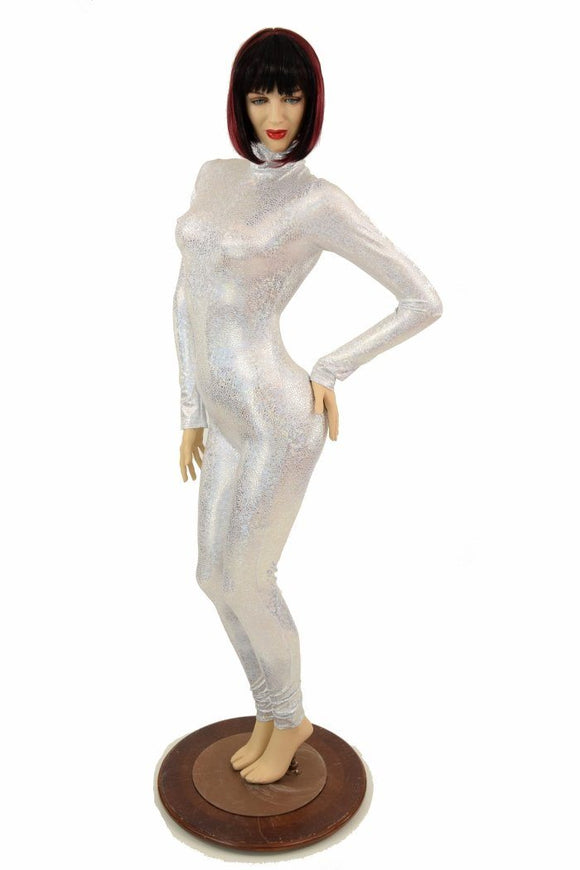 Silvery White Turtle Neck Catsuit - Coquetry Clothing