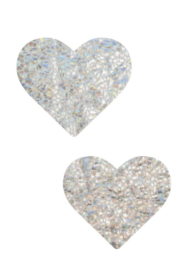 Silver on White Shattered Glass Heart Pasties - 1