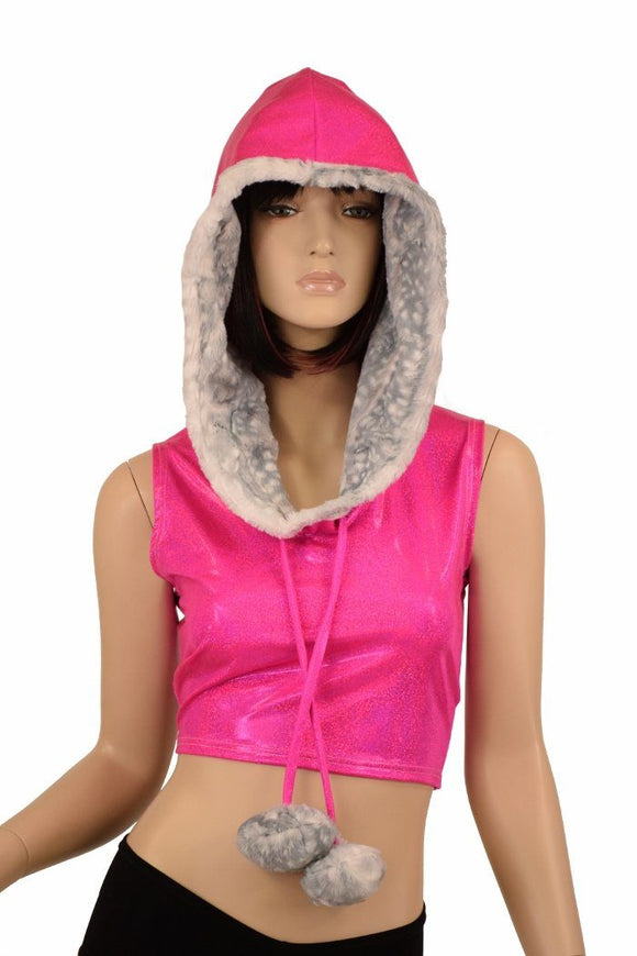 Sleeveless Crop Hoodie with Minky Pom Poms - Coquetry Clothing