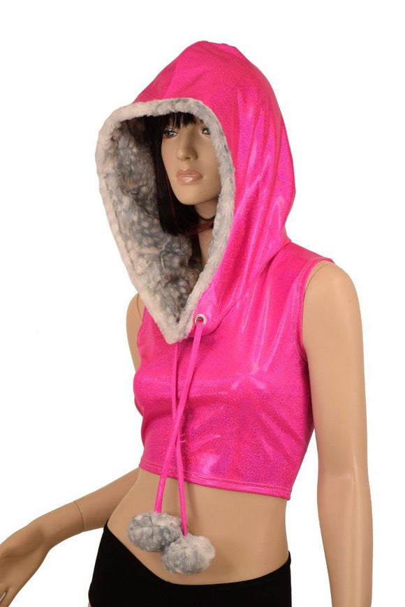 Sleeveless Crop Hoodie with Minky Pom Poms - Coquetry Clothing