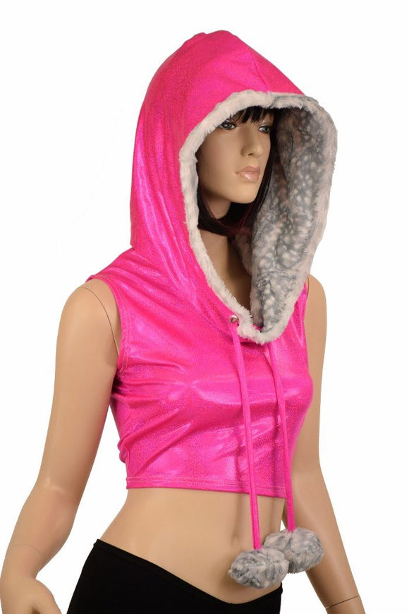 Sleeveless Crop Hoodie with Minky Pom Poms - Coquetry Clothing