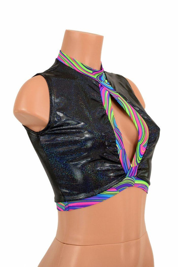 Sleeveless Keyhole Top in Black Holo - 2